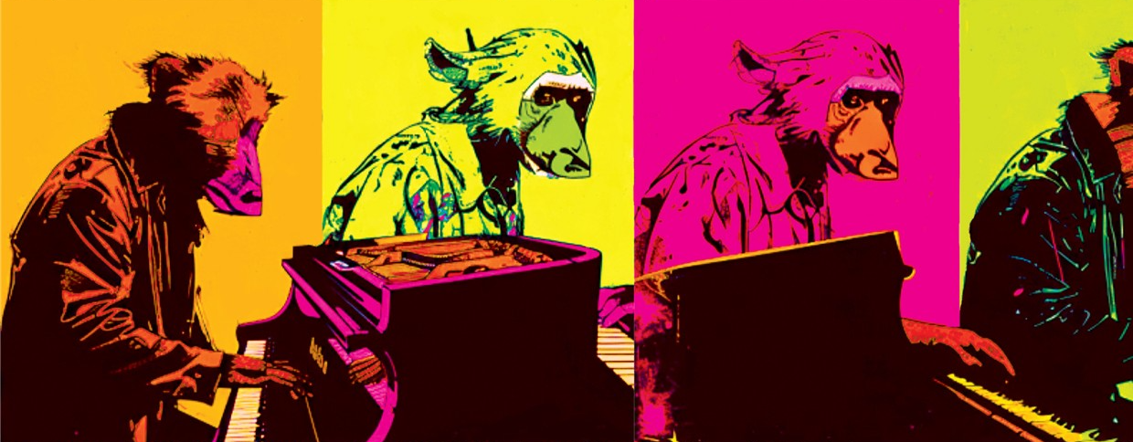 Bande pop-art de singes pianistes